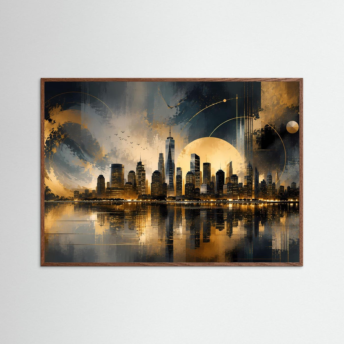 Querformatiges Poster mit dunkelbraunem Holzrahmen, New-York-Skyline in Schwarz und Gold