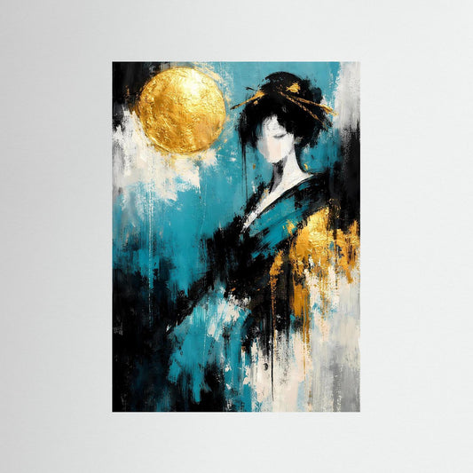 Abstraktes Kunstposter mit Geisha, goldenem Mond und türkis-schwarzen Pinselstrichen
