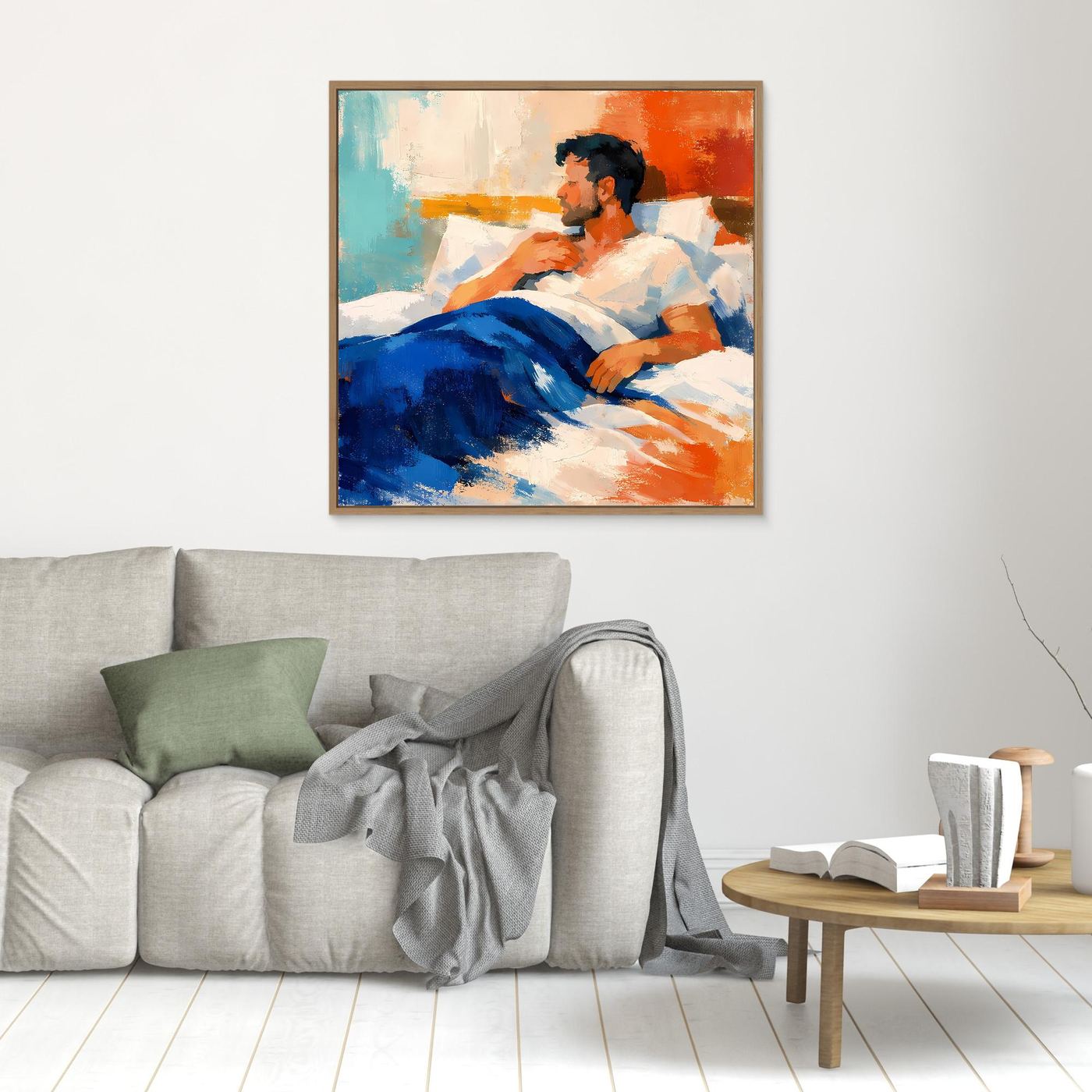 Wandbild mit abstraktem Mann im Bett, goldbrauner Rahmen, Blau- und Orangetöne