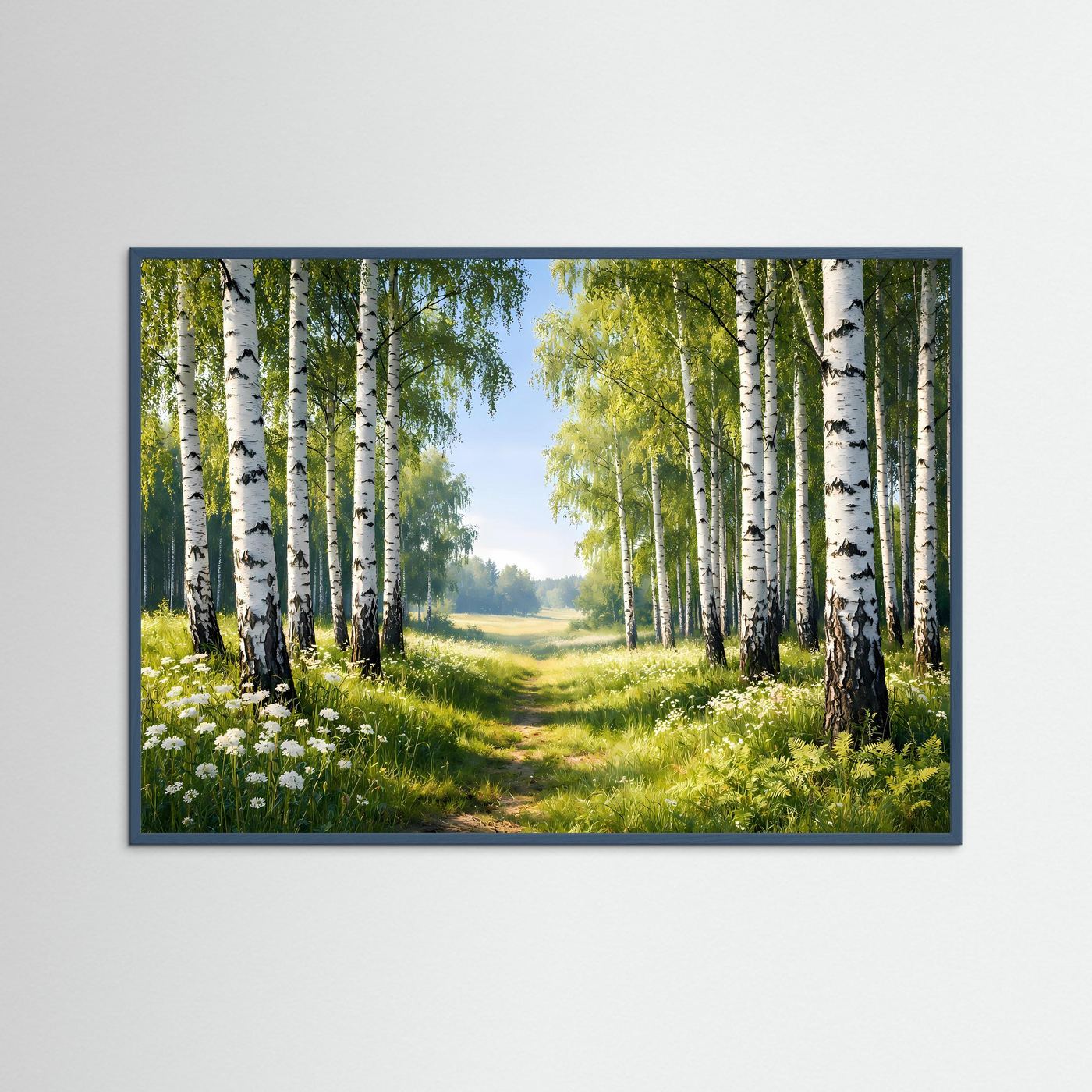 Naturposter mit Birkenwald und Wiesenweg im grauen Rahmen, querformat