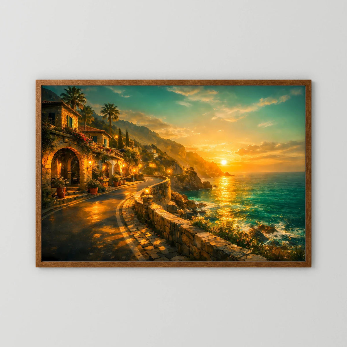 Wandbild mit braunem Holzrahmen und Küstenmotiv im Sonnenuntergang