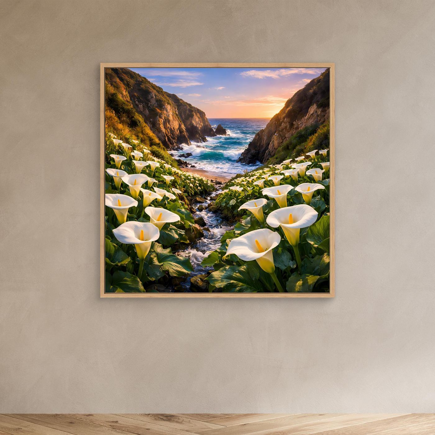 Leinwandbild im Eichenrahmen mit Calla-Blüten und Küsten-Schlucht am Meer
