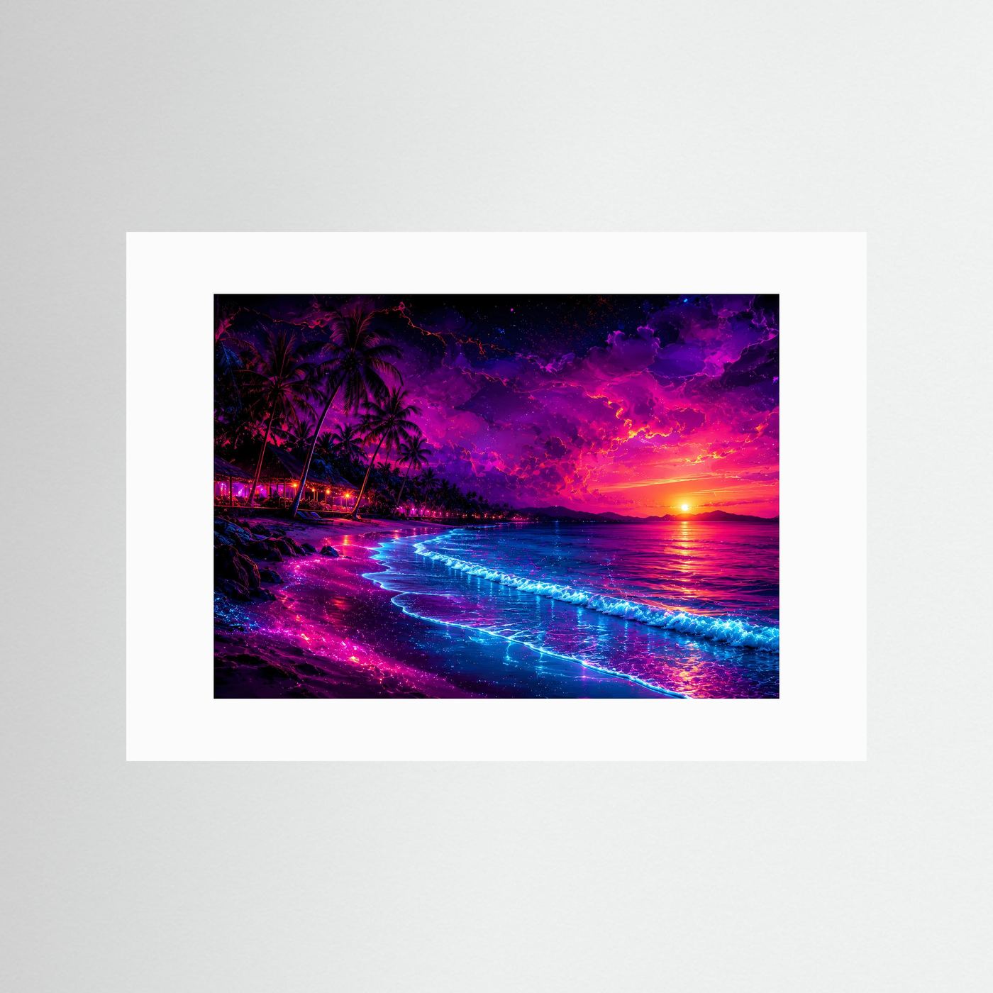 Neon Tropenparadies am Strand | Vibriendes Synthwave & Sunset Poster Querformat