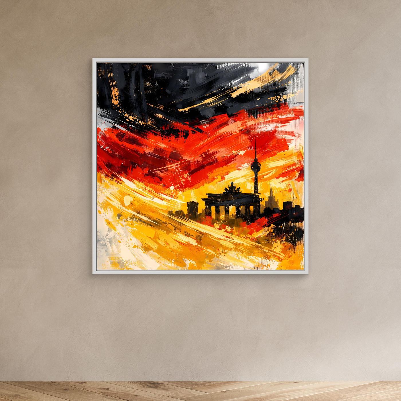 Leinwandbild Skyline Berlin mit weißem Rahmen, abstrakte Pinselstriche in Rot, Orange und Gelb