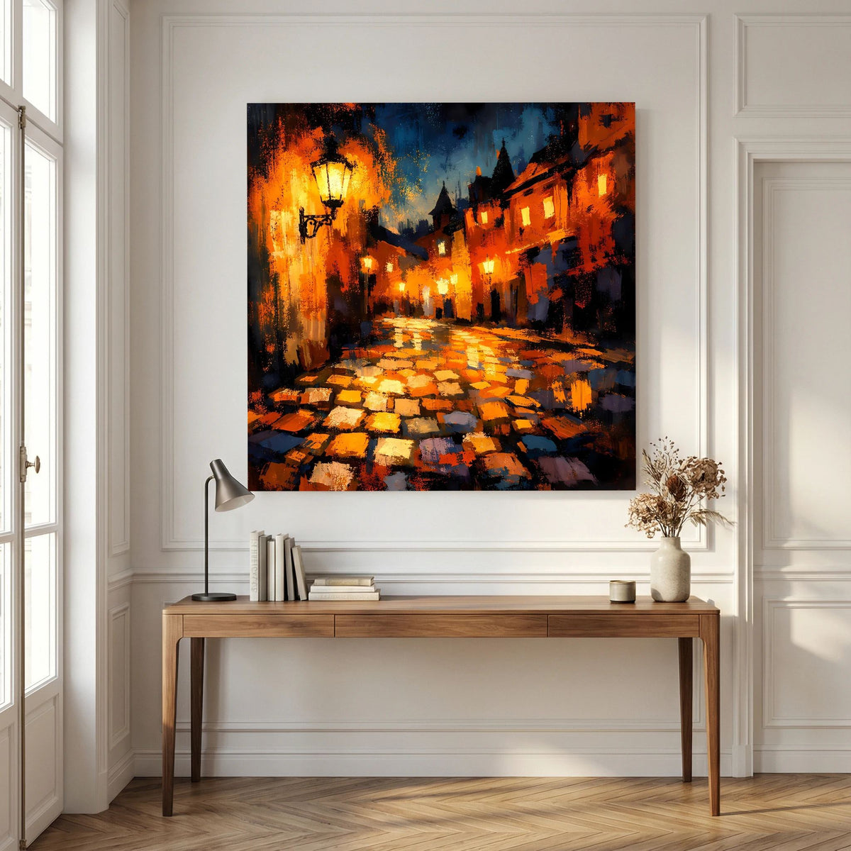 Leinwand Abstraktes Altstadt Gemälde | Modernes Romantisches Gassen Wandbild bei Nacht