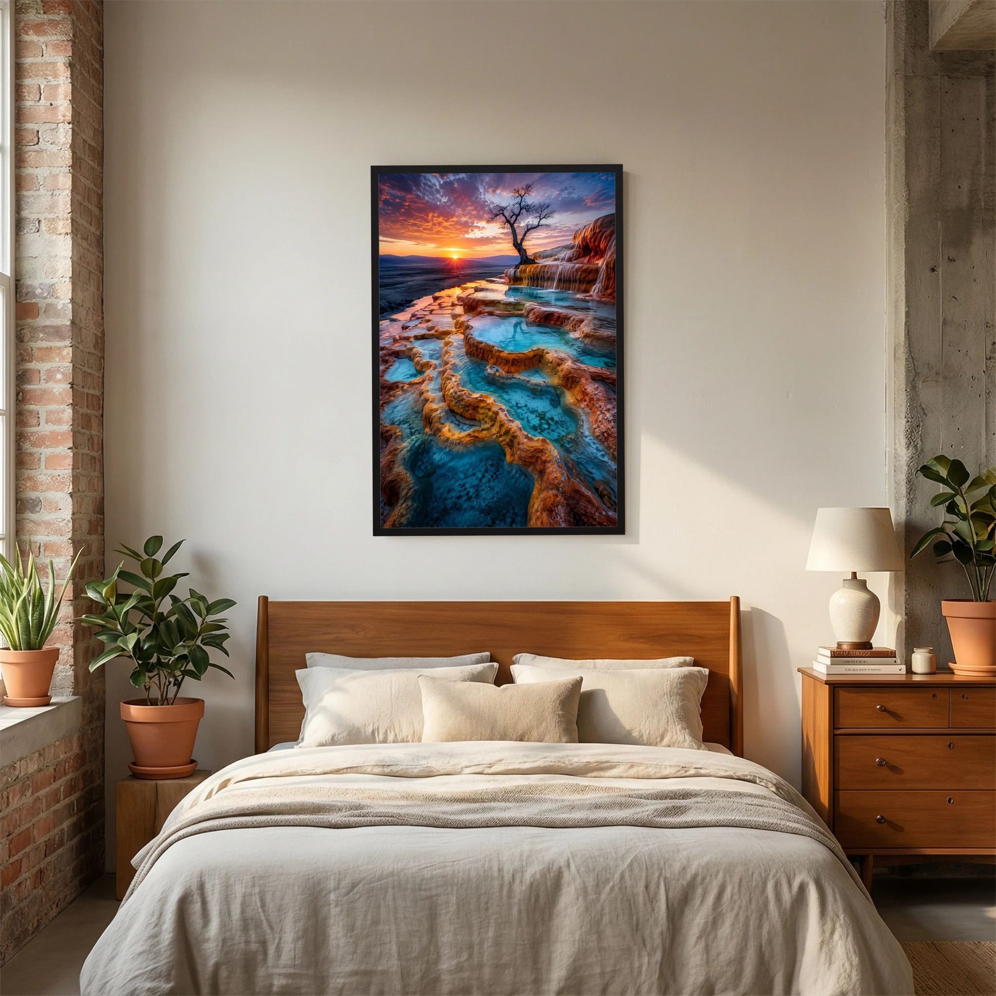 Poster mit türkisem Naturpool auf Felsenterrassen im Sonnenuntergang, schwarze Einfassung