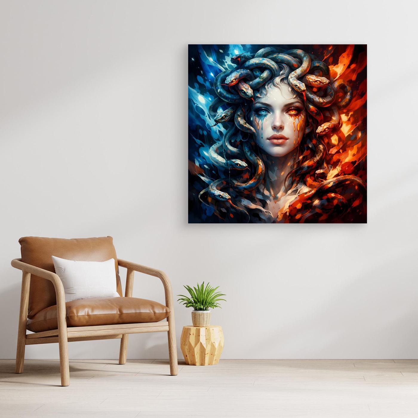 Leinwand Mystische Medusa im Feuer- und Eis-Kontrast | Modernes Fantasy Wandbild