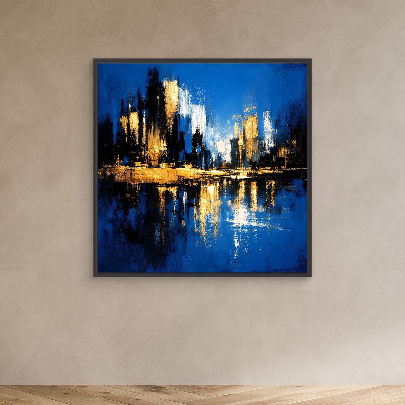 Leinwand Abstrakte Skyline in Blau und Gold | Modernes Großstadt Wandbild mit Spiegelung