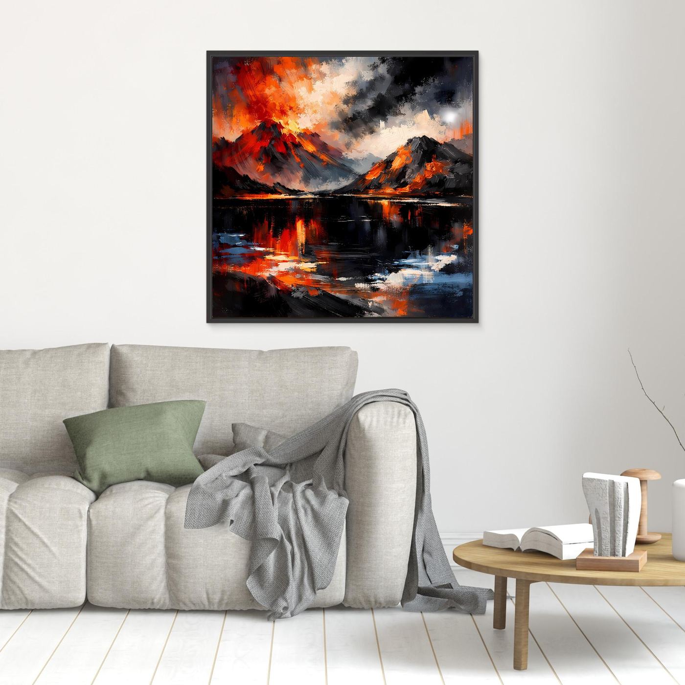 Kleines Wandbild mit abstrakter Vulkanlandschaft, Lavaausbruch über See, schwarze Rahmung