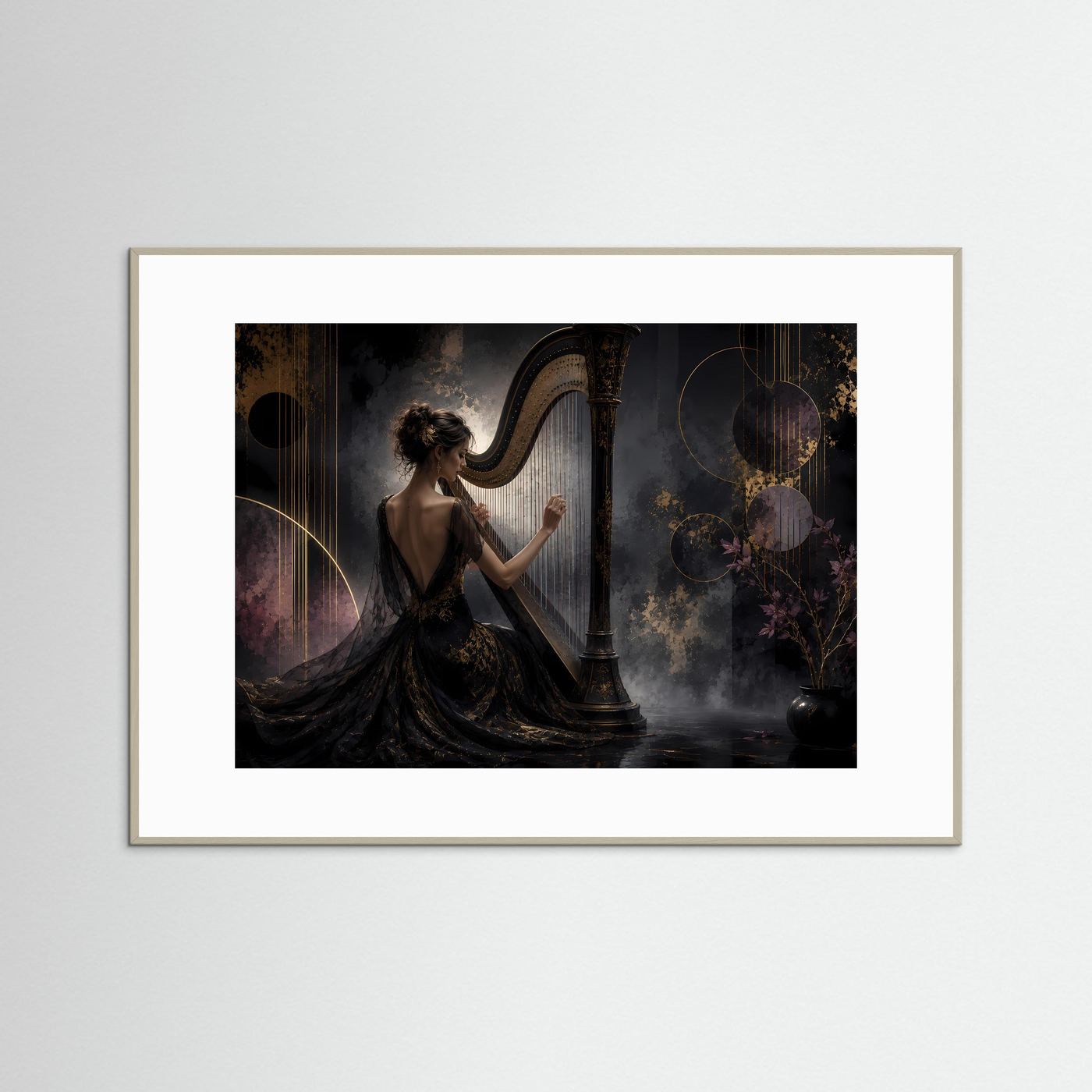 Elegante Harfenklänge in Schwarz & Gold | Klassische Musik & Luxus Poster Querformat