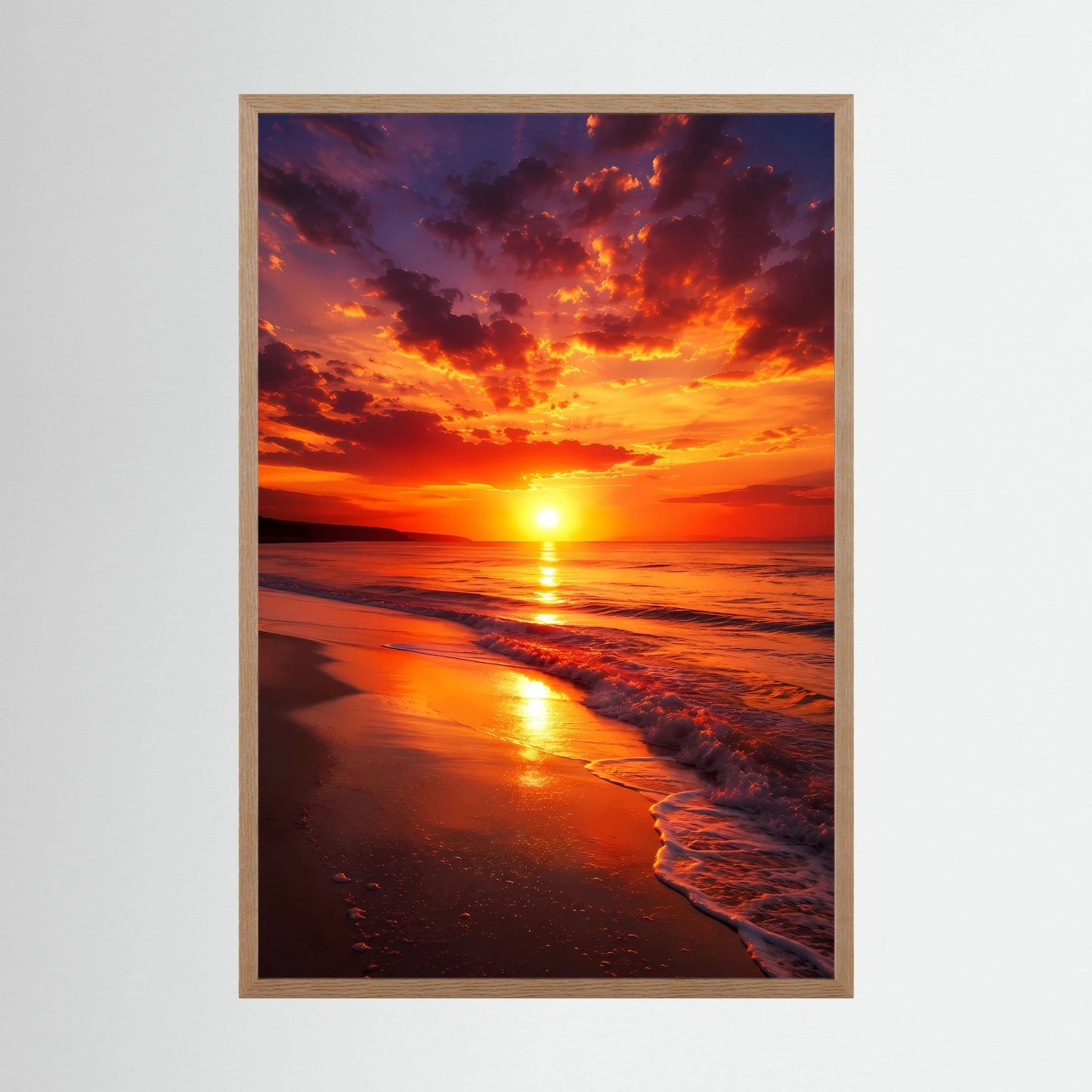 Hochformat-Poster mit Sonnenuntergang am Strand im Holzrahmen, orangefarbener Himmel