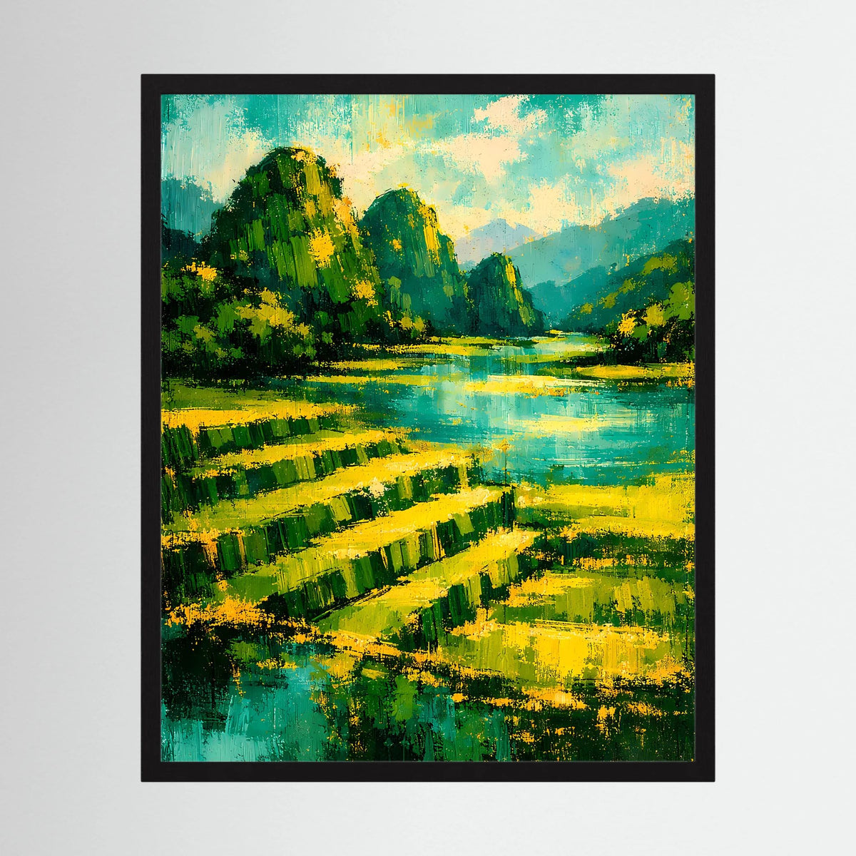 Hochformat-Poster im schwarzen Rahmen: abstrakte Berglandschaft mit Fluss, Grün und Gelb