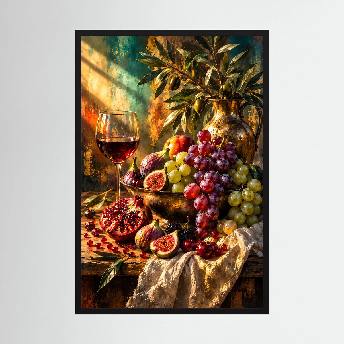 Stillleben-Poster mit Weinglas und Trauben, Feigen & Granatapfel in schwarzem Rahmen