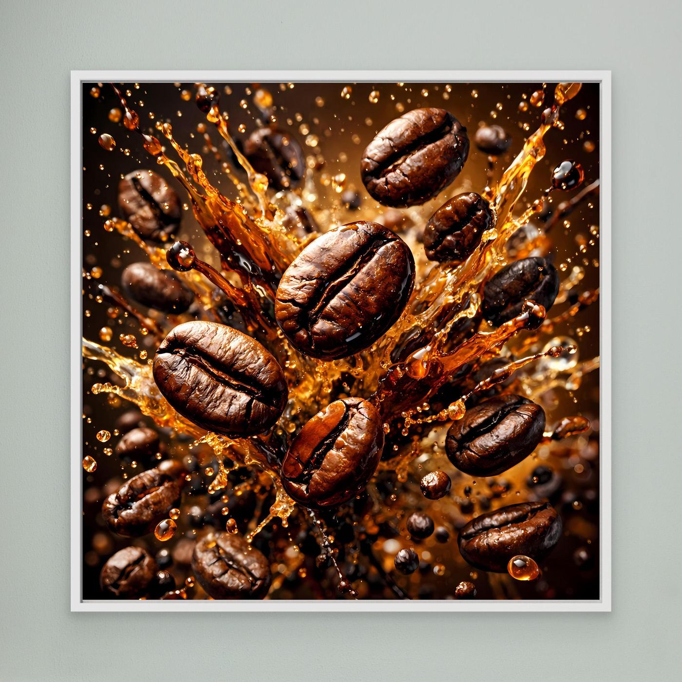 Leinwandbild mit Kaffeebohnen-Splash, braune geröstete Bohnen im Spritz-Design, weißer Rahmen