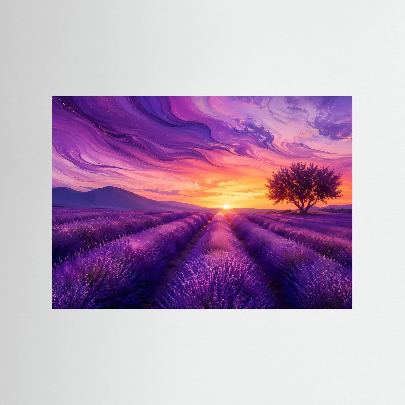 Lavendelfeld im Sonnenuntergang | Abstrakte Provence Landschaft in Lila & Gold – Modernes Poster Querformat