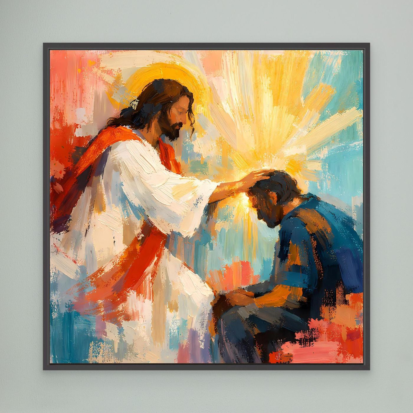 Black-framed abstract canvas wall art: Jesus blessing a kneeling man