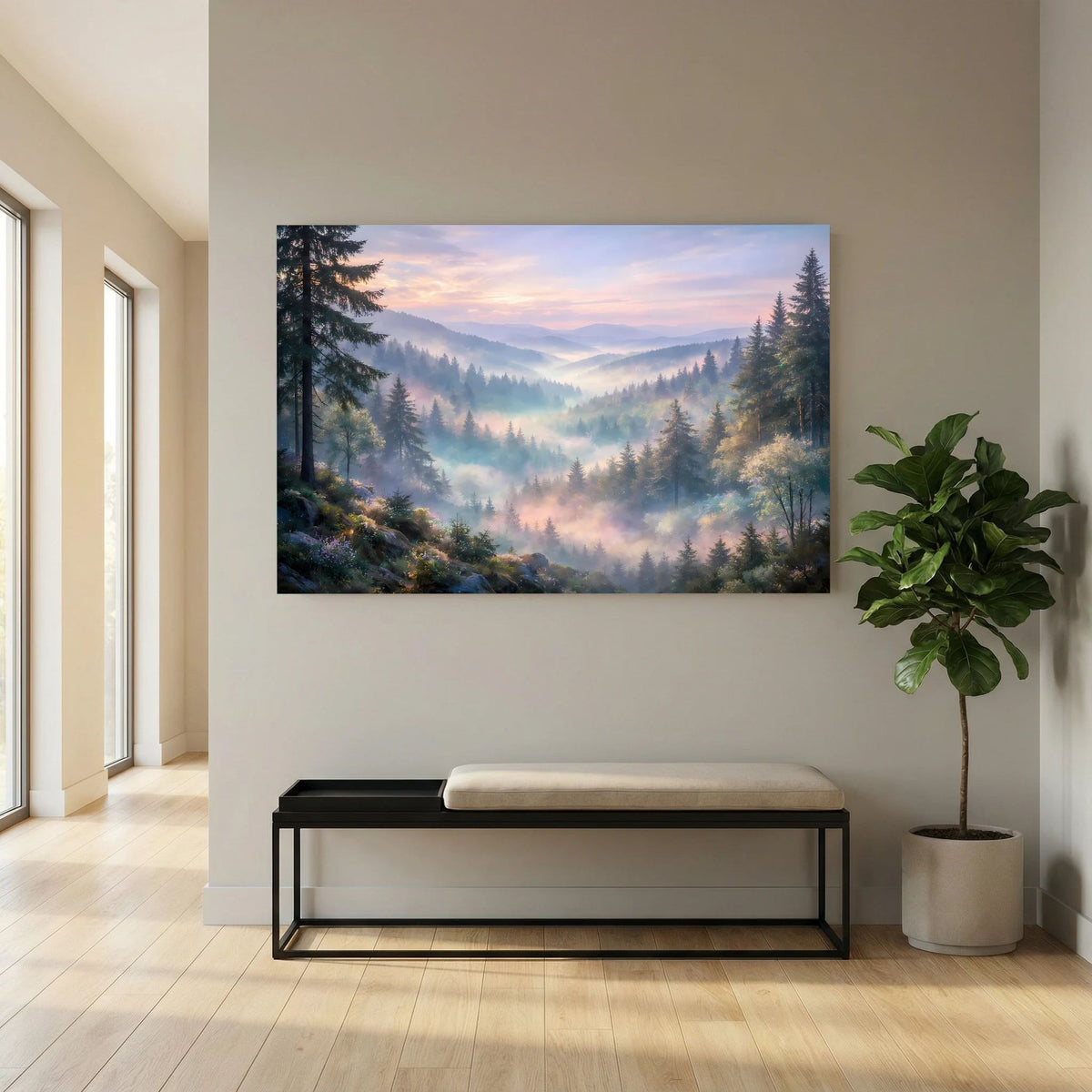 Wandposter im Querformat mit Berglandschaft im Nebeltal und Nadelwald in sanftem Licht