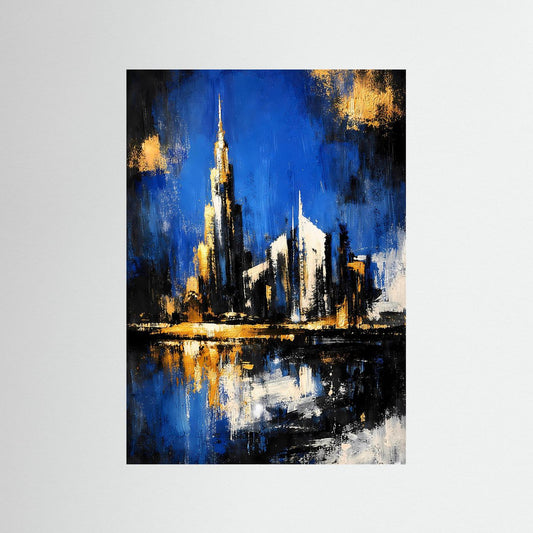 Abstraktes Skyline-Kunstposter, königsblau und nachtschwarz mit flüssigem Gold, hochkant