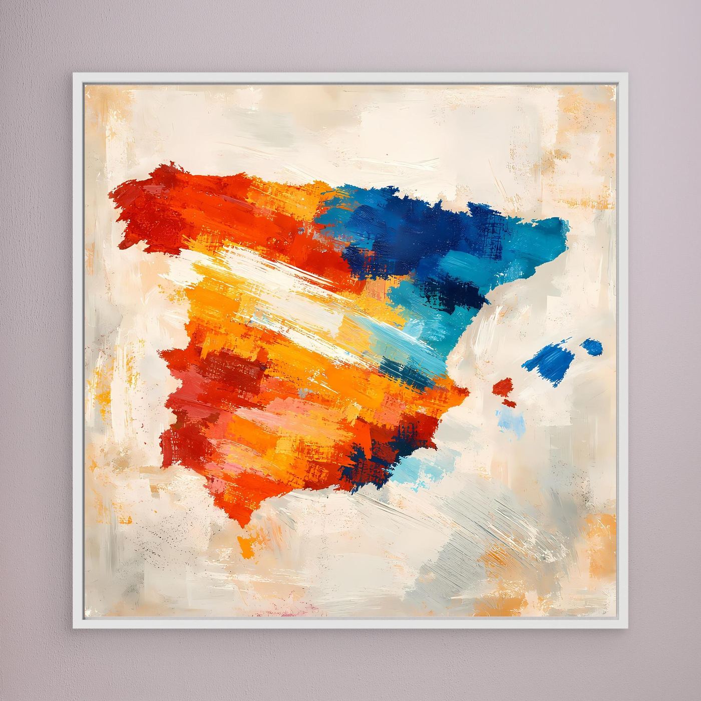 Abstract Spain map wall art with red and blue brush strokes on cream canvas, light frame