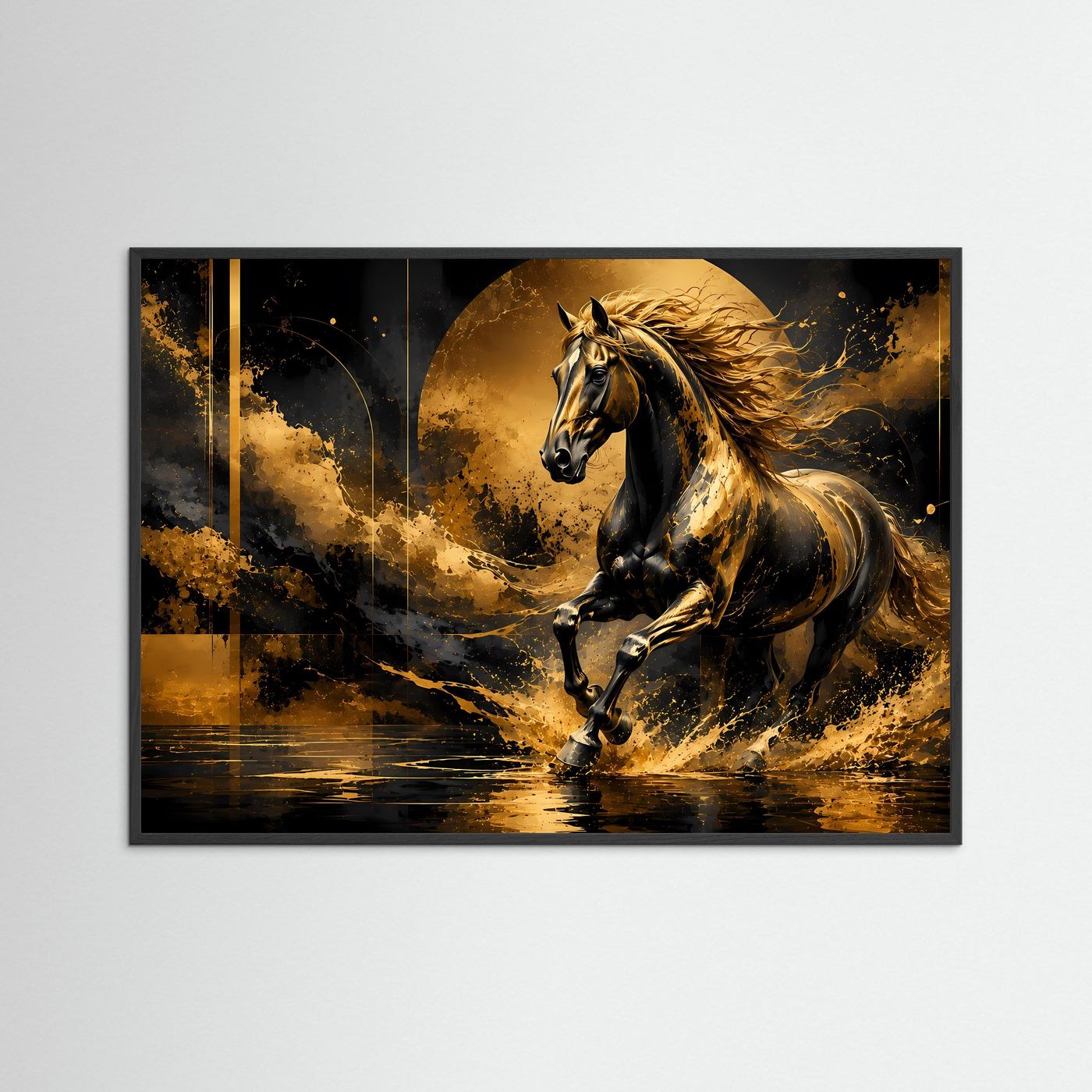 Querformat-Poster mit Pferdemotiv, schwarz-gold, schwarzer Holzrahmen