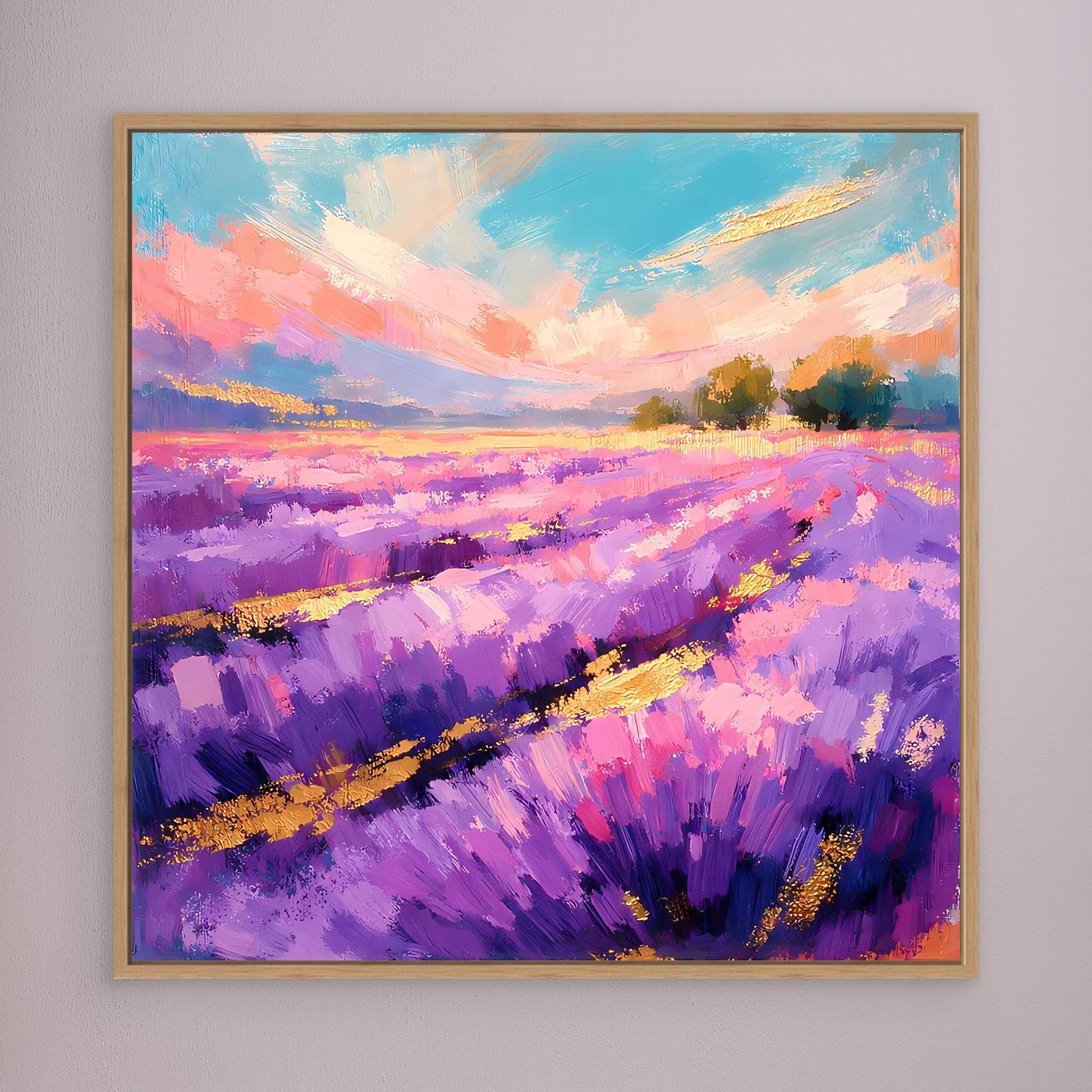 Leinwandbild mit abstrakter Lavendel-Landschaft in Violett und goldenen Akzenten, mit Holzrahmen