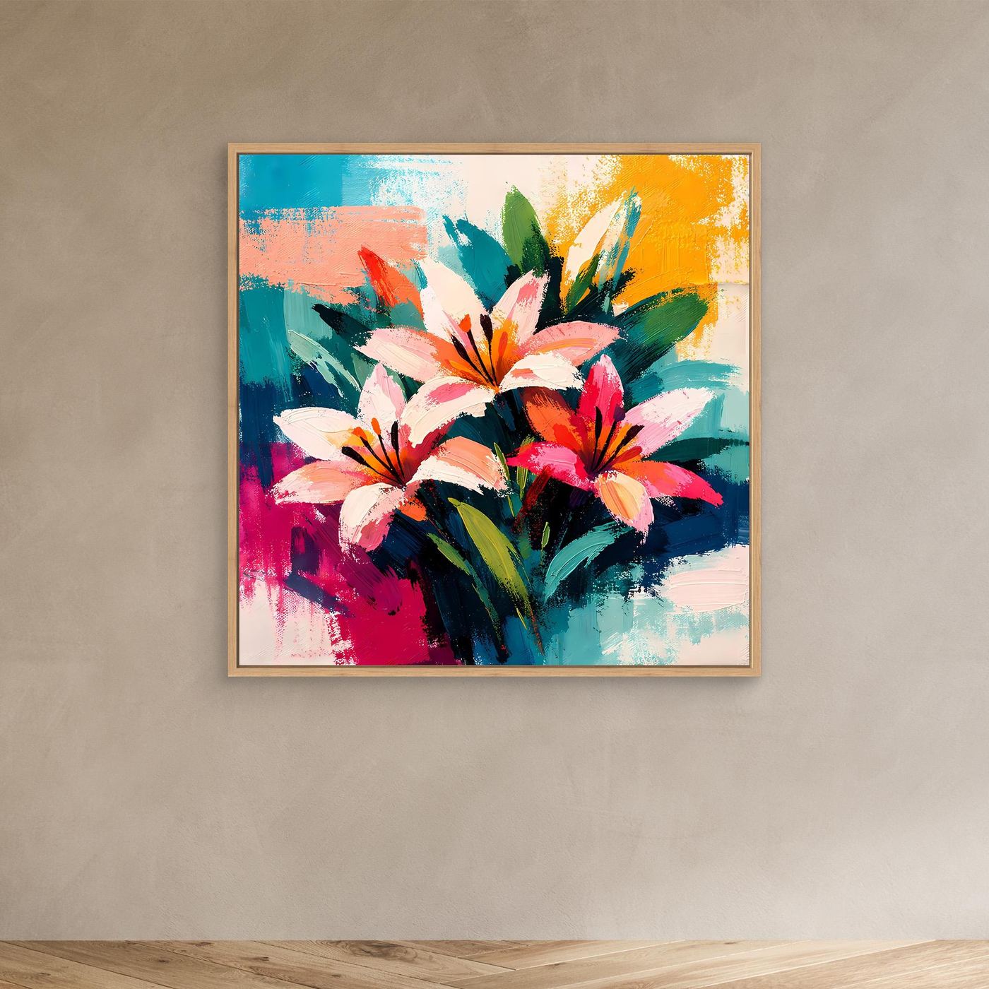 Abstract lily canvas wall art with light wood frame and colorful brushstroke flowers