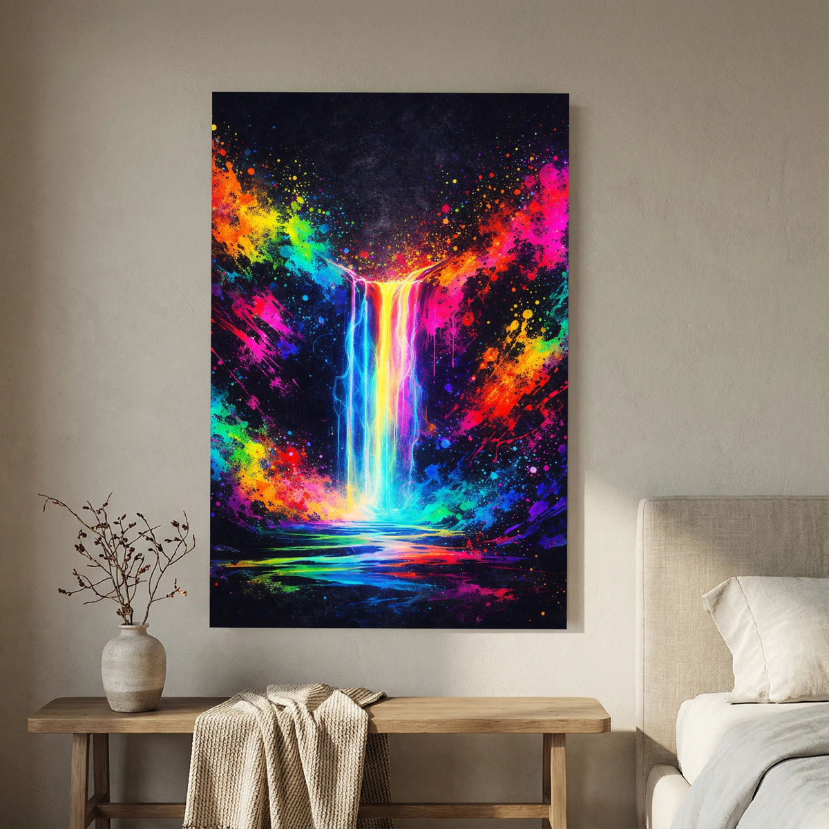 Hochformatiges Wandbild mit schwarzem Rahmen: Neon-Wasserfall-Abstrakt mit Farbnebel in Blau und Pink