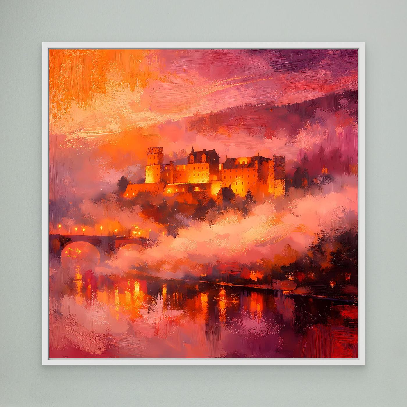Premium Leinwand Imposantes Schloss im Abendrot | Abstraktes Castle Wandbild in feurigen Farben