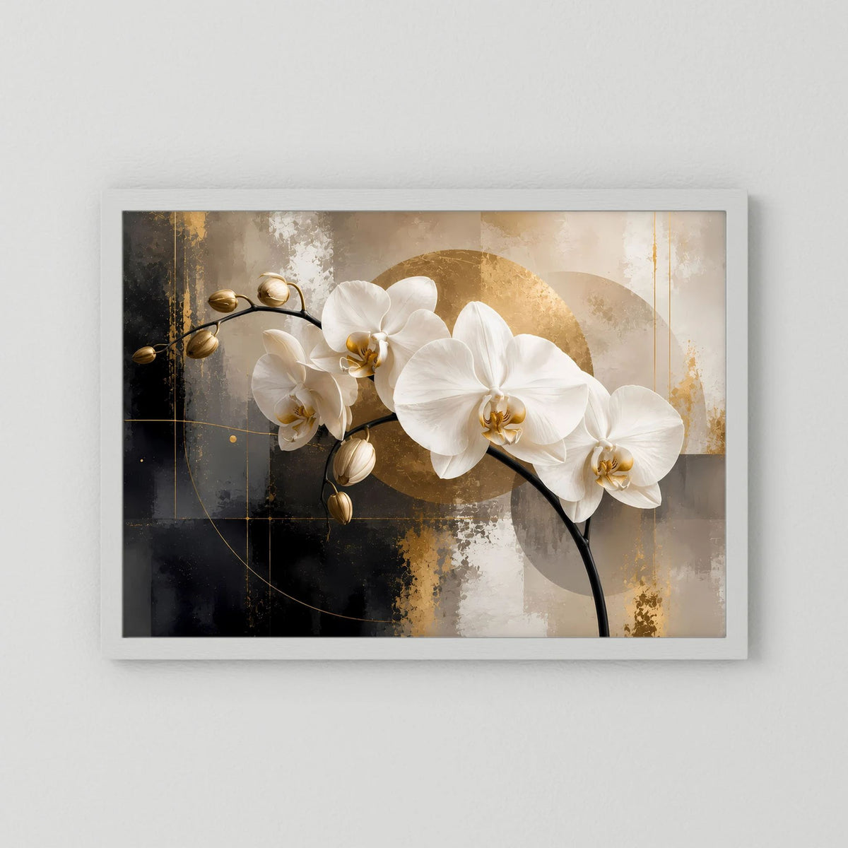 Querformatiges Leinwandbild mit weißen Orchideenblüten und goldenem abstraktem Hintergrund, im Rahmen