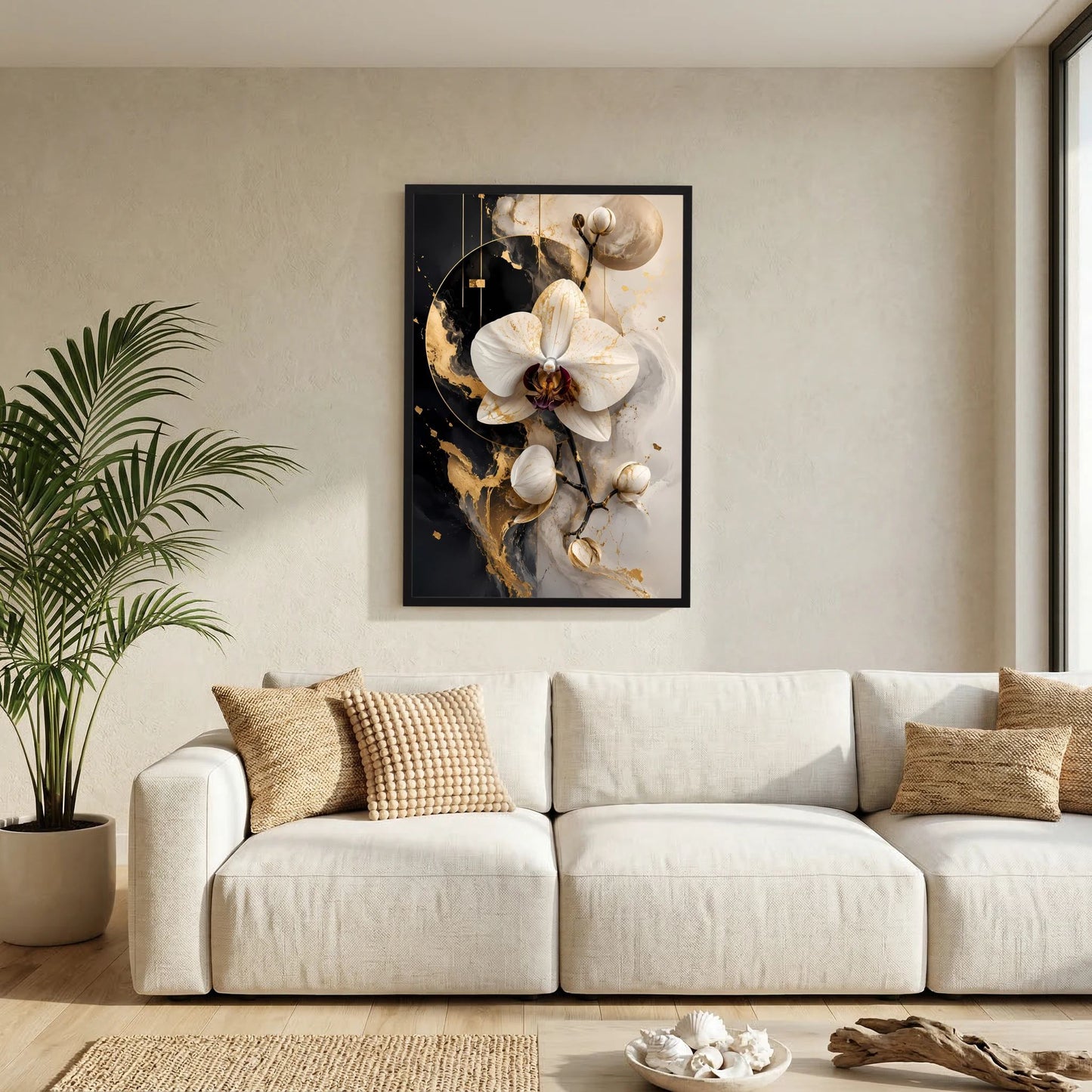 Wandposter mit weißer Orchidee in Schwarz und Gold, schwarzer Rahmen.