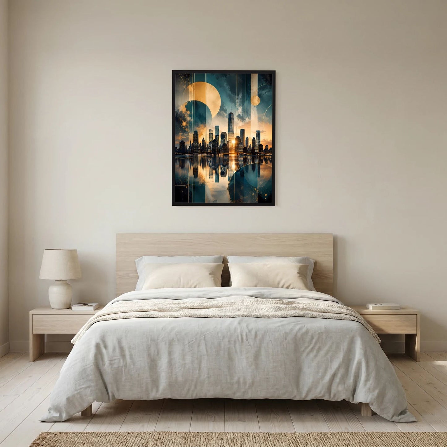 Hochformatiges Skyline-Poster im schwarzen Rahmen, goldene und petrolfarbene Abstraktion mit Wasserreflexionen