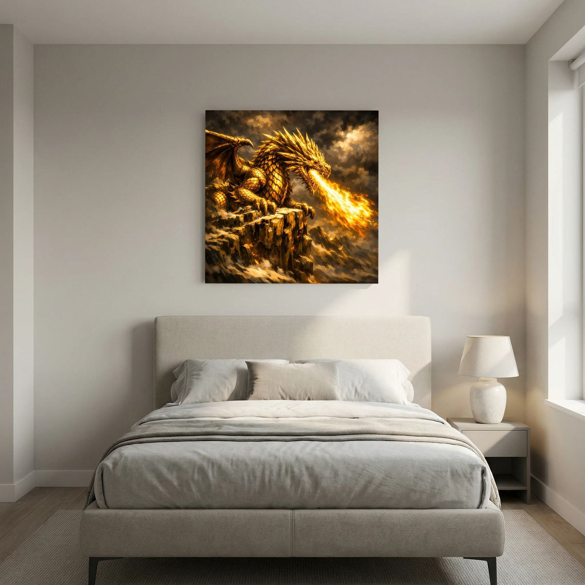 Leinwand-Fantasy-Wandbild mit goldenem Drachen, feuerspeiend über zerklüftetem Fels