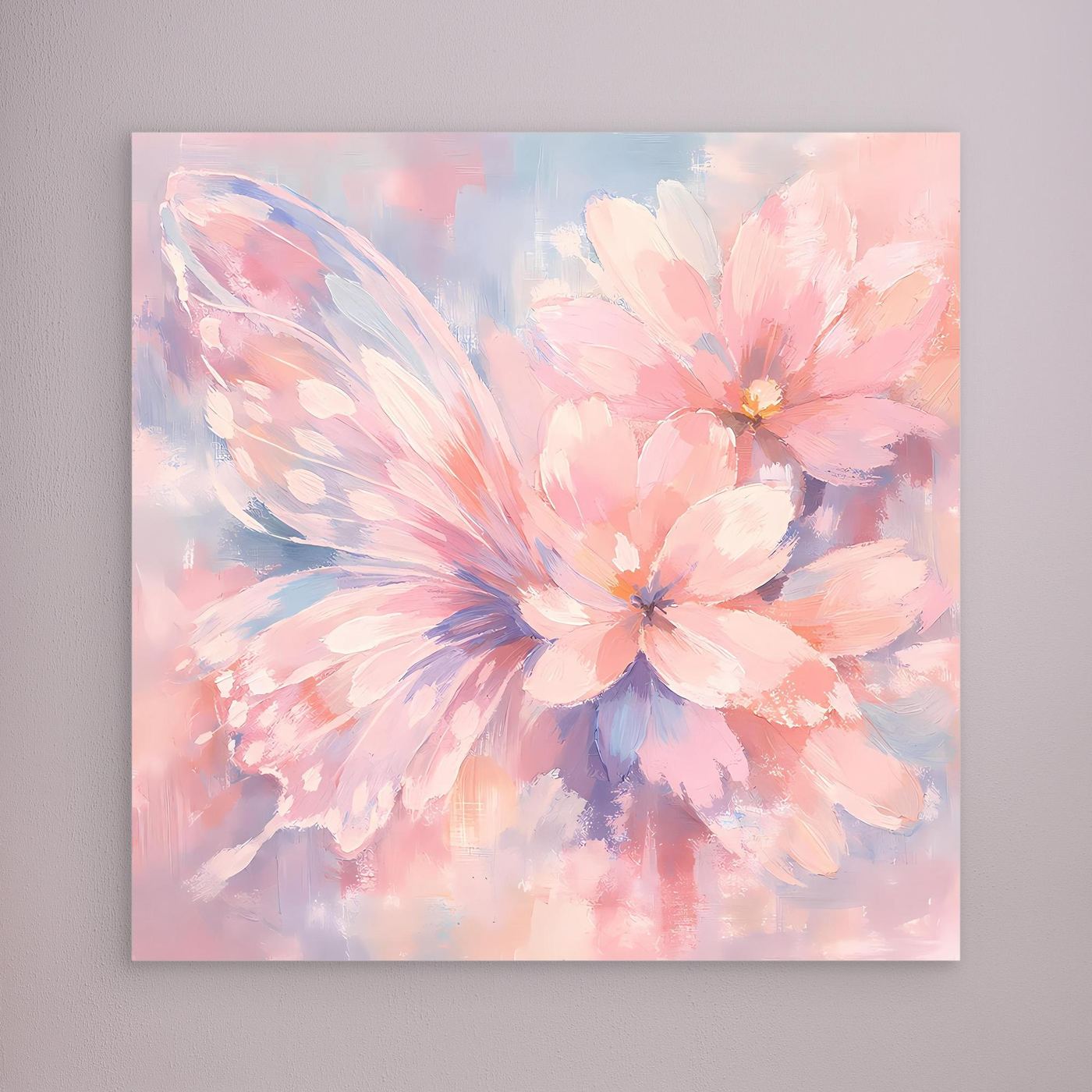 Leinwandbild: pastellfarbene Schmetterlingsblüte mit rosa und blauen Pinselstrichen.