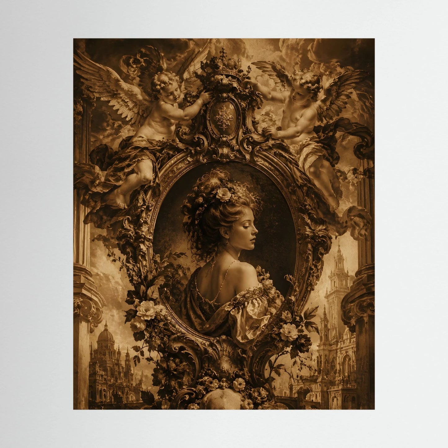 Hochformatiges Barockposter mit Porträt einer Frau im ovalen Rahmen und Engeln