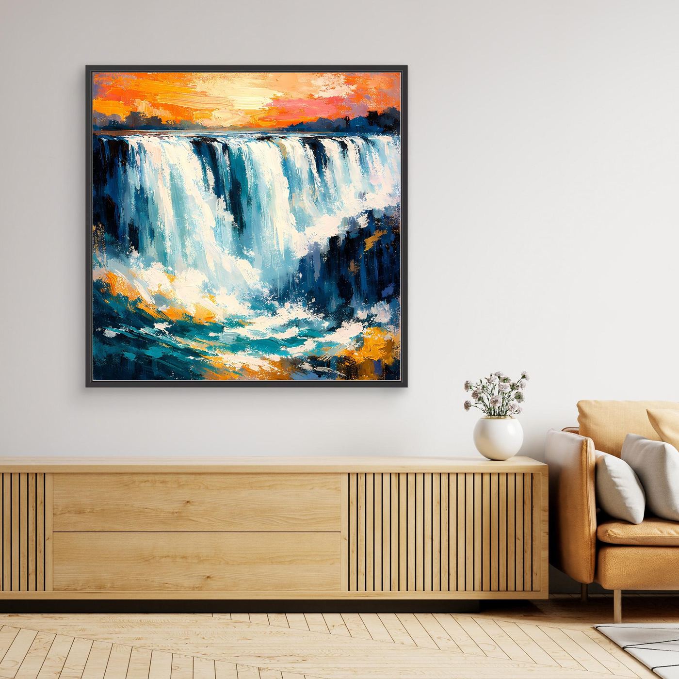 Abstraktes Leinwand-Wandbild mit Wasserfall in Blau und Orange, mit schwarzem Rahmen