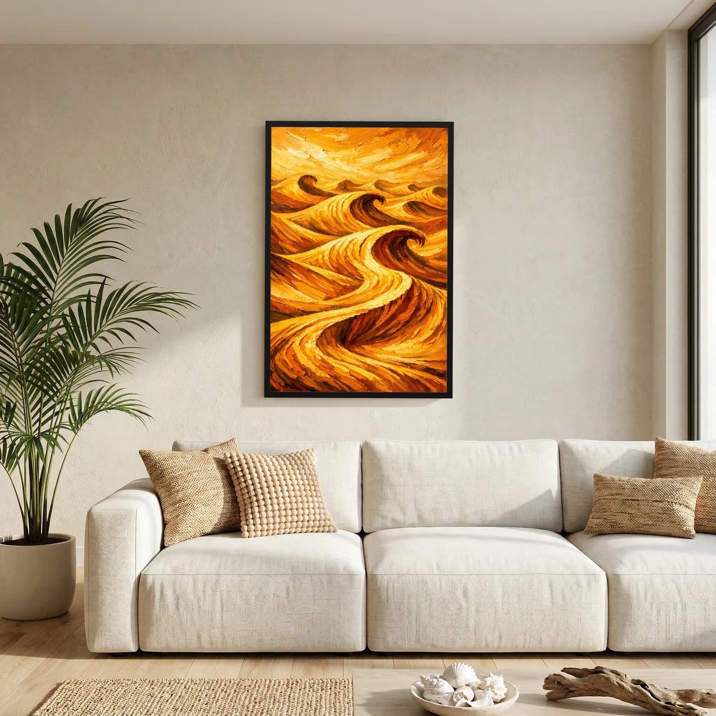 Wandposter mit abstrakten Wellen in Orange und Gold, schwarzer Rahmen, Hochformat