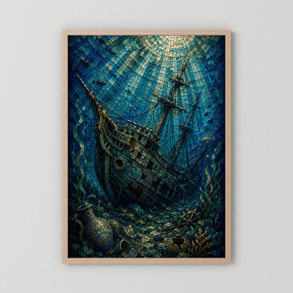 Gerahmtes Poster mit Holzrahmen: Mosaikansicht eines versunkenen Segelschiffs in Blau