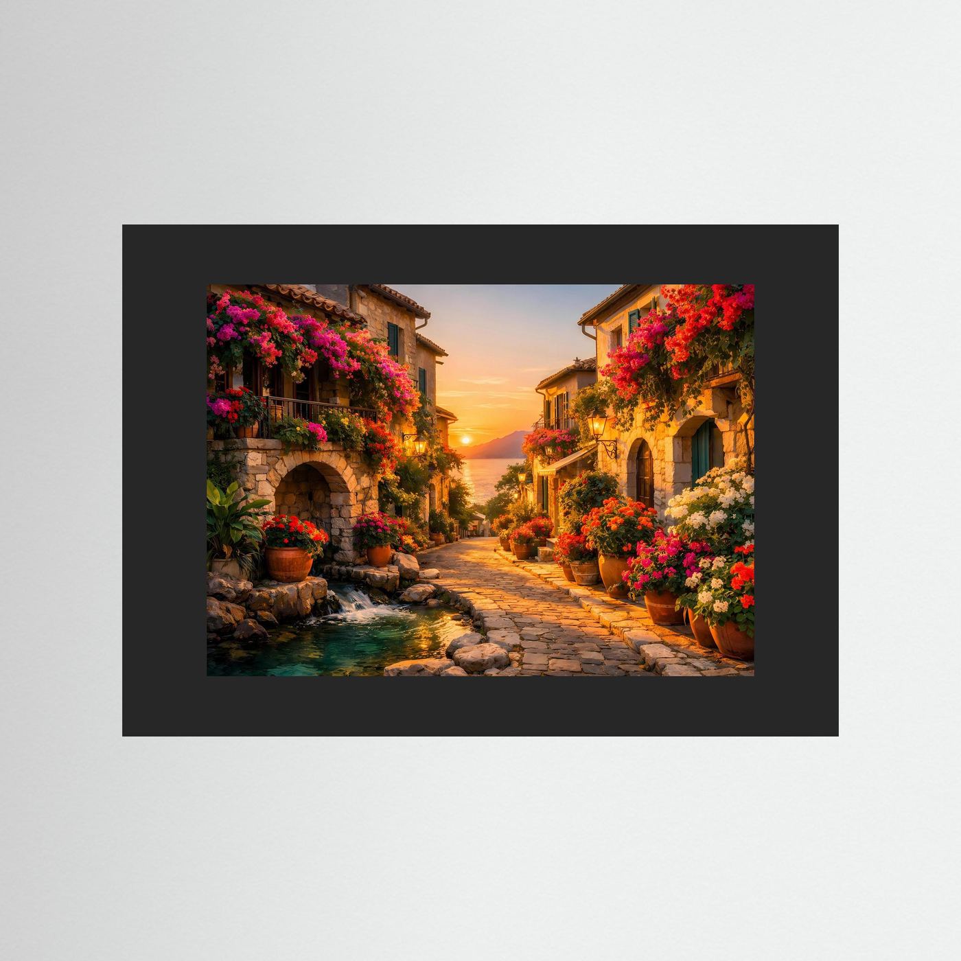 Poster im schwarzen Rahmen mit mediterraner Gasse, bunten Blumen und Abendsonne