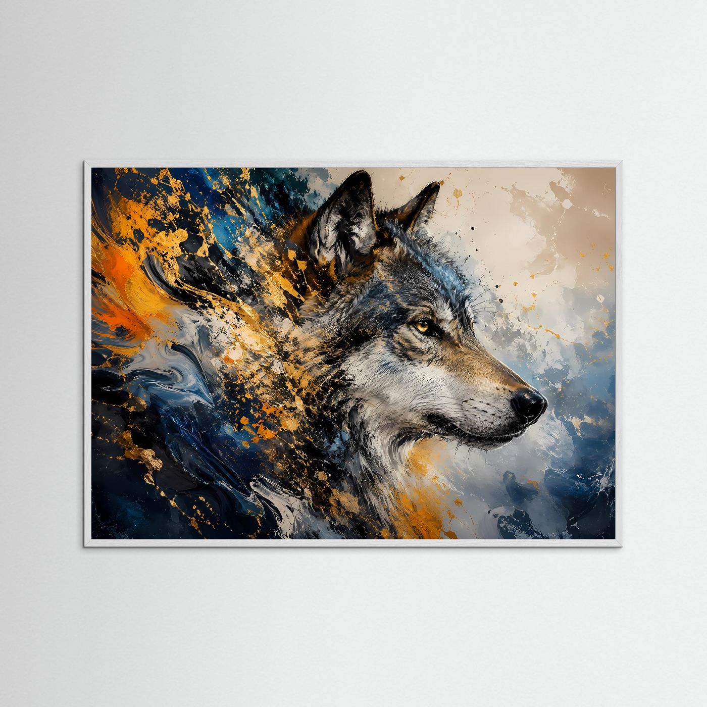 Majestätischer Wolf in Blau & Gold | Abstrakte Tierkunst & Natur Poster Querformat