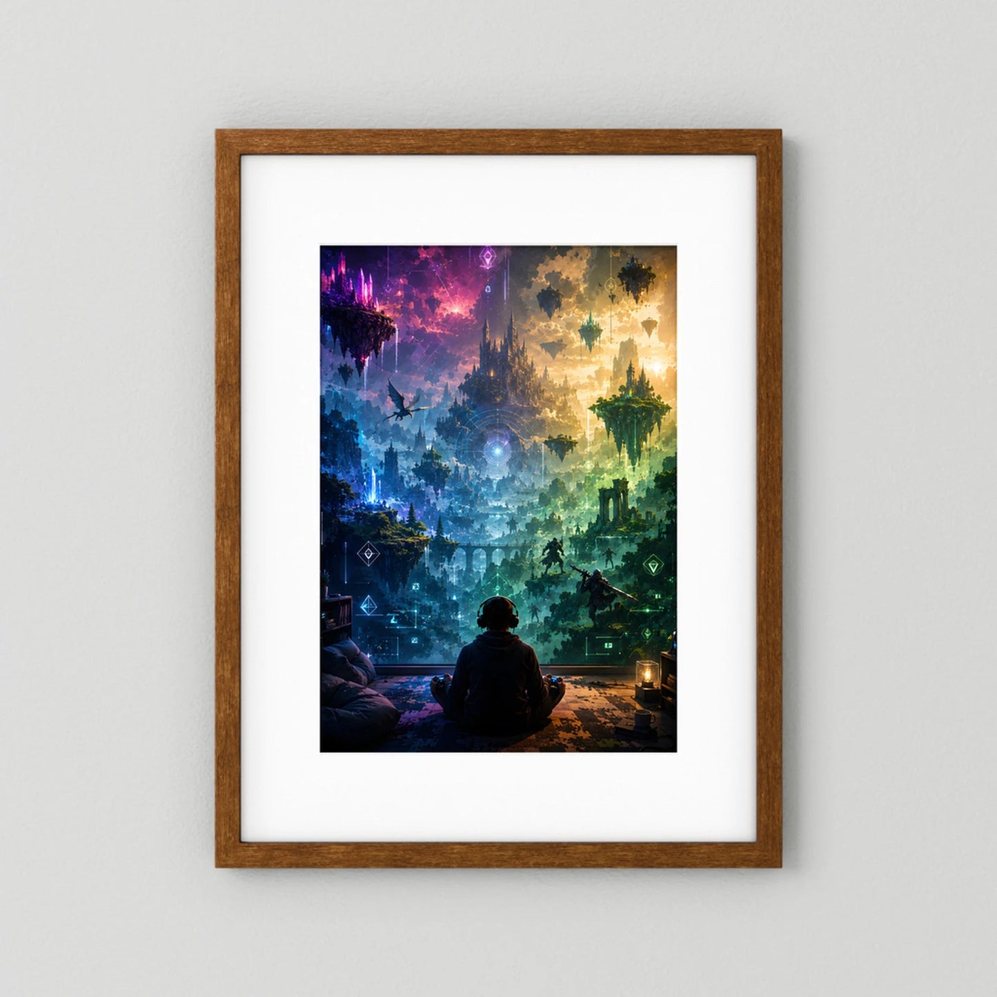 Kunstposter im braunen Holzbilderrahmen mit weißem Rand, Gaming-Fantasy-Landschaft