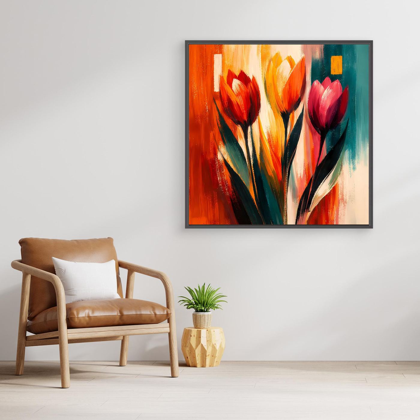 Wandbild mit abstrakten Tulpen auf Leinwand, orange-gelbe Lichtflächen, heller Rahmen