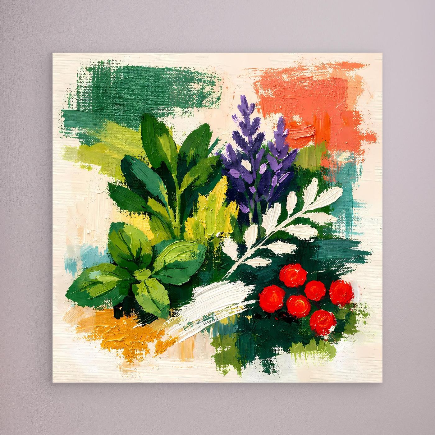 Abstract herb botanical canvas wall art with multicolor foliage and red flowers, no frame