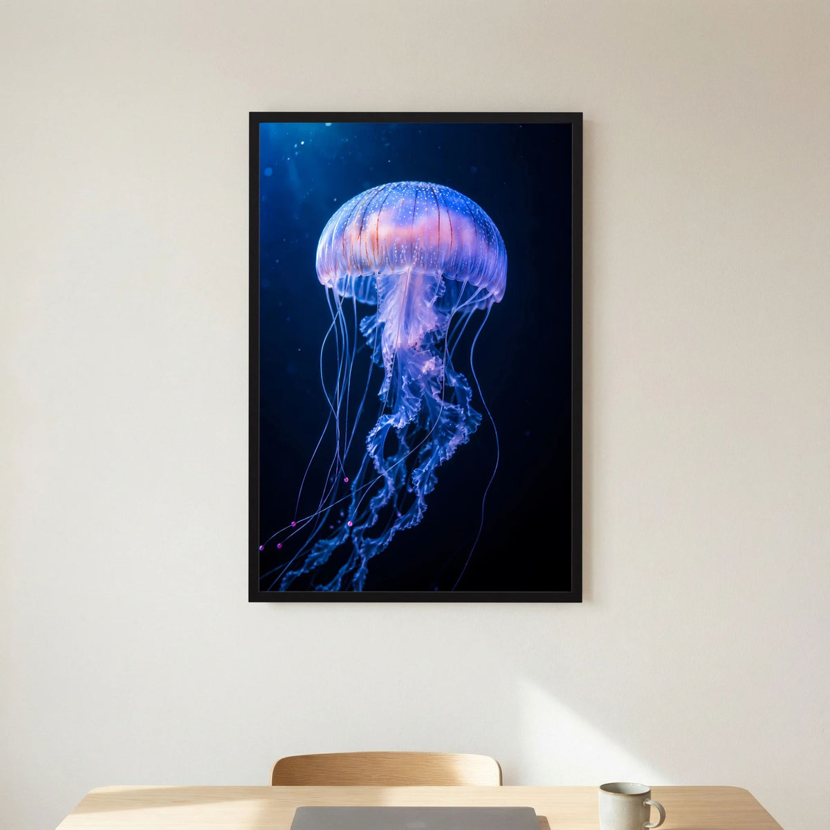 Hochformatiges Poster: blauviolette Qualle mit hell leuchtendem Körper