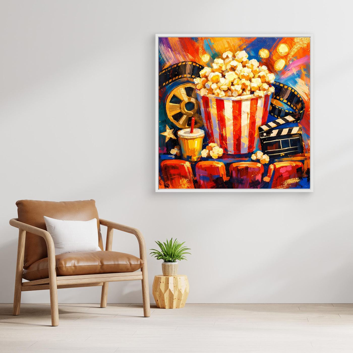 Leinwandbild mit Popcornschale, Filmstreifen und roten/gelben Akzenten