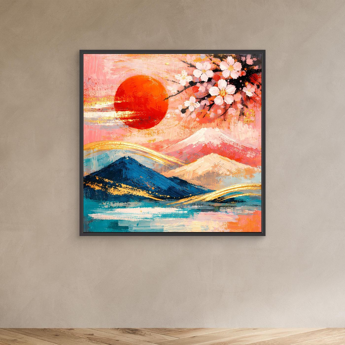 Leinwandbild mit dunklem Rahmen: Kirschblüte und Fuji, abstrakt in Pastell