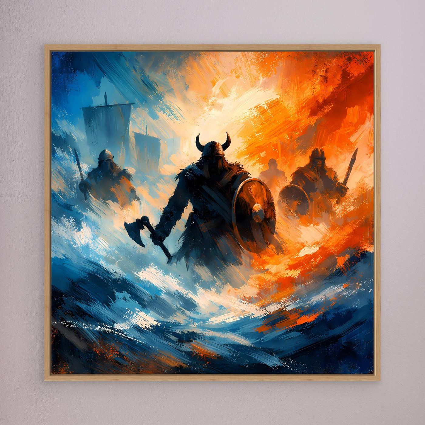 Wandbild mit Wikinger-Kriegern im Sturm, Blau-Orange, mit Holzrahmen