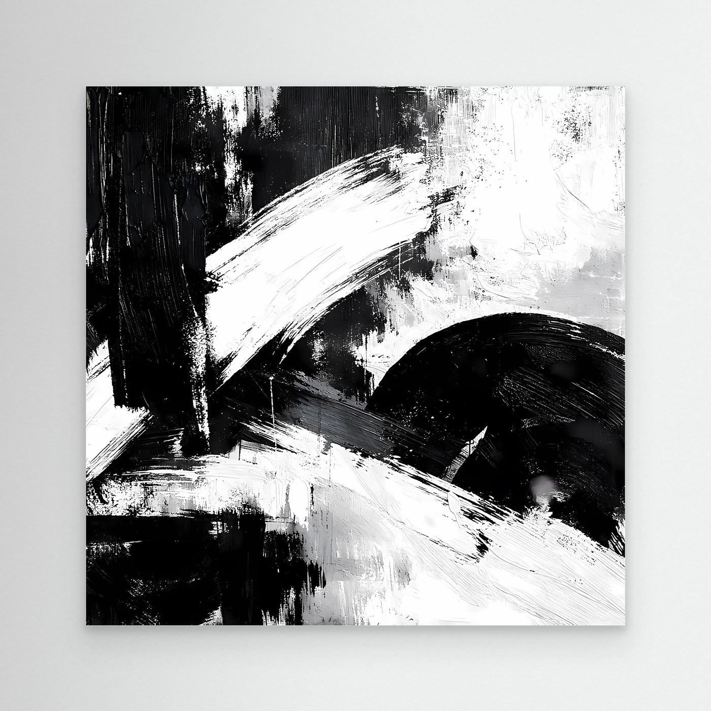 Leinwand-Wandbild mit abstrakten Schwarz-Weiß Pinselstrichen und dunklem Halbkreis