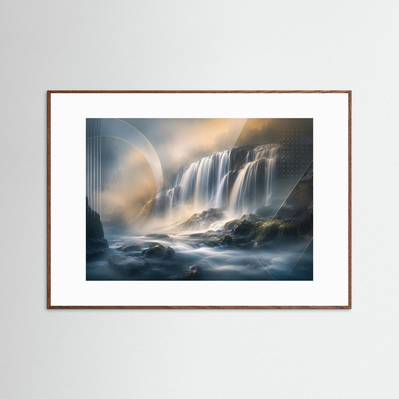 Poster Querformat mit abstraktem Wasserfall in Blau und Gold, dunkelbraun gerahmt