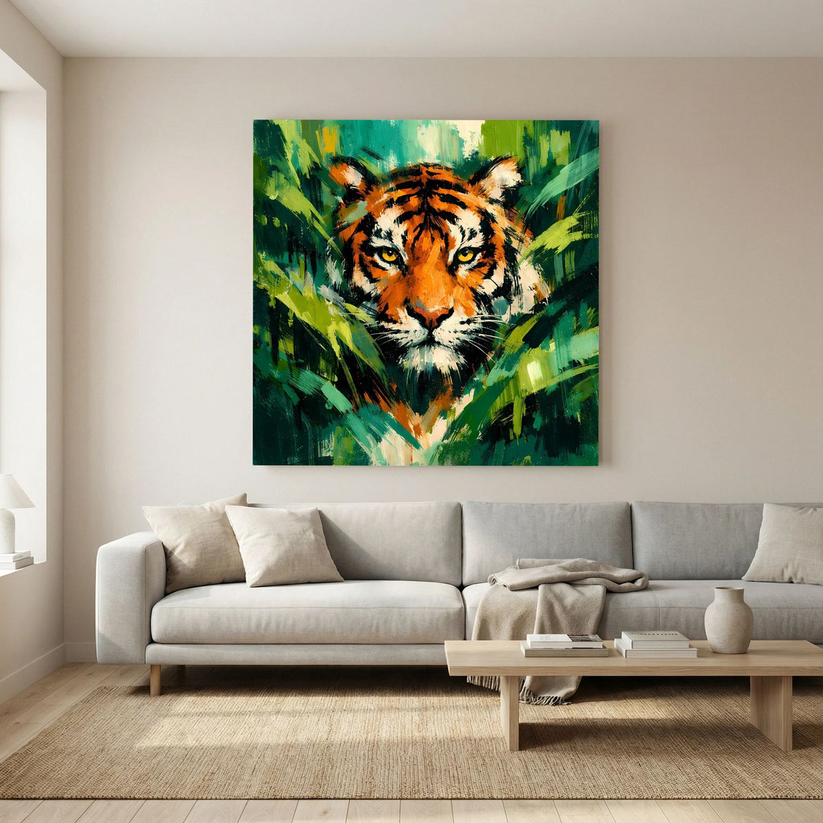 Leinwand Abstraktes Tiger Gemälde | Modernes Wandbild Raubkatze Dschungel Grün Orange