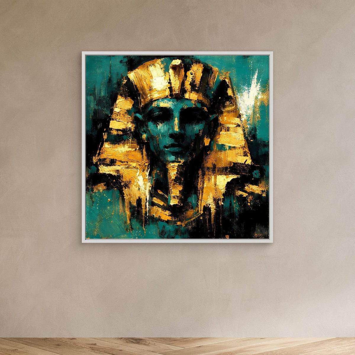 Leinwand-Wandbild mit Pharao in Türkis und Gold, weißer Rahmen